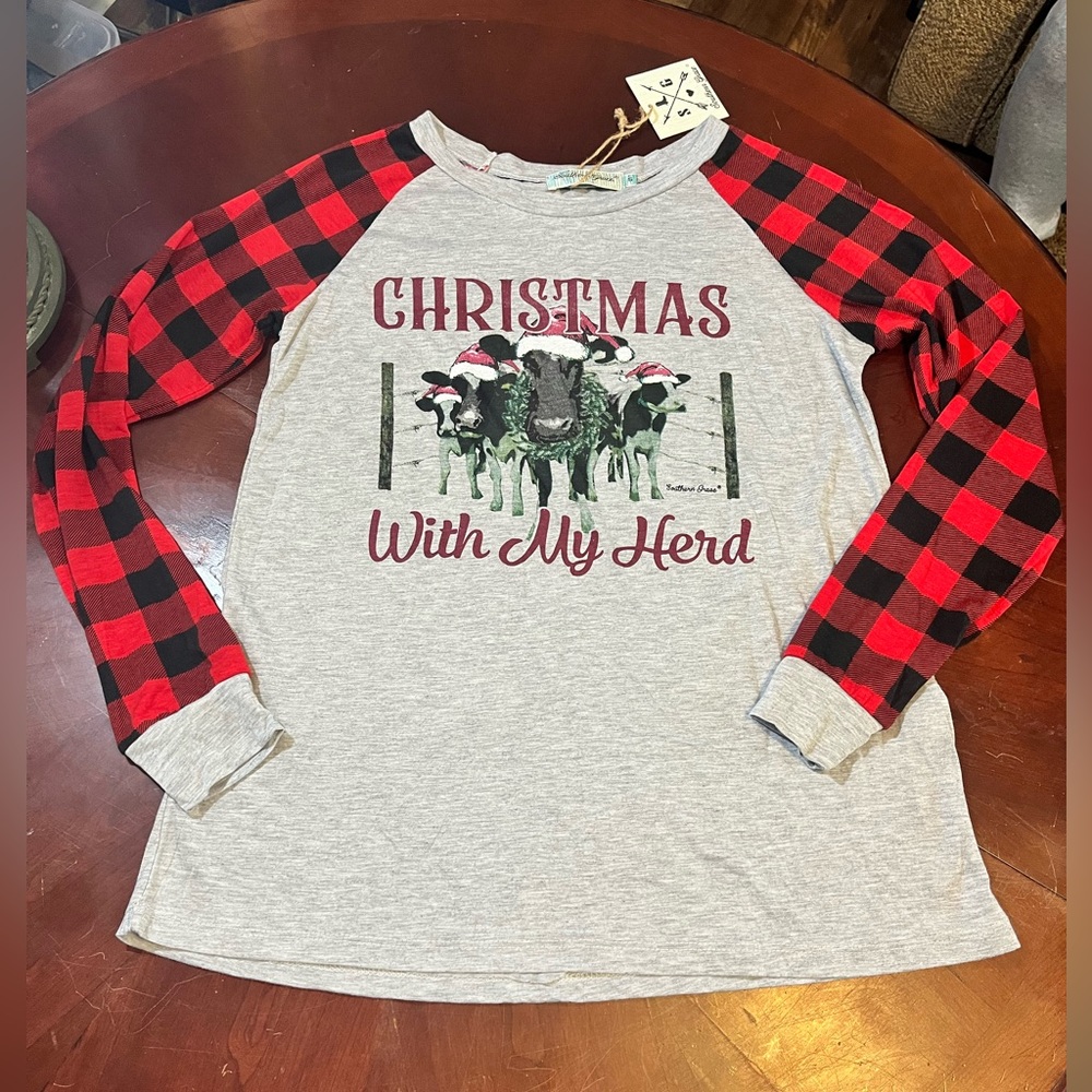 Christmas with My Herd top. By Southern Grace. Buffalo I laid long sleeves